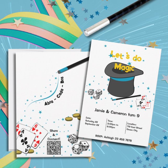 Lass uns Zauberkids-Geburtstagsparty machen Einladung (Let's do Magic Kids Joint Birthday Party Invitation, Black, White, Blue, Custom Text, Color)