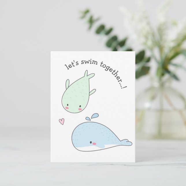 Lass uns zusammen schwimmen...! Niedliche Wale - V Postkarte (Stehend Vorderseite)