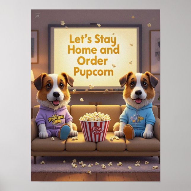 Lass-Zuhause und bestellen Pupcorn-Kartoonhunde Bl Poster (Vorne)