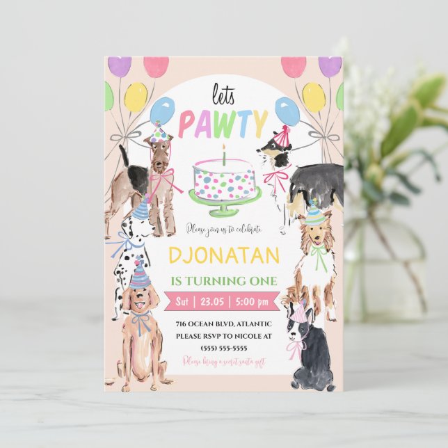 Lasse Pawty Dog Einladungskarte zum ersten Geburts (Stehend Vorderseite)