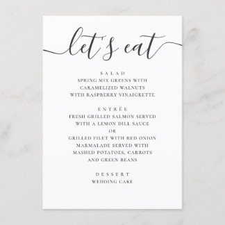 Lasse zu essen. Moderne Hochzeitsschrift in Schwar Menükarte