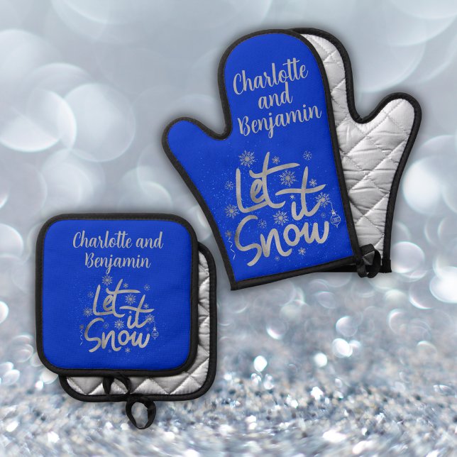 Lassen Sie es Schnee Blau und Silber Weihnachten | Ofenhandschuh & Topflappen-Set (Von Creator hochgeladen)