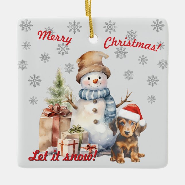 Lassen Sie es Schnee Dackel & Snowman Keramikornament (Vorderseite)