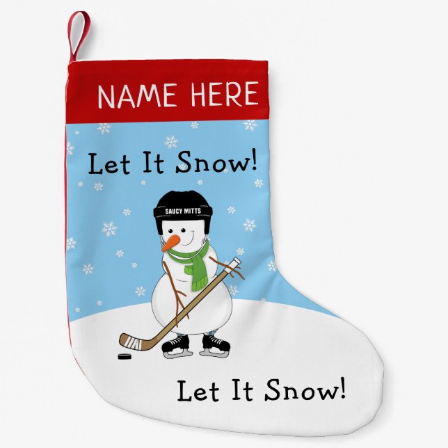Lassen Sie es Schnee Personalisiert Hockey Snowman Kleiner Weihnachtsstrumpf (Vorderseite)