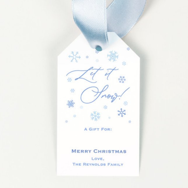 Lassen Sie es Schneeflocken frohe Weihnachten Geschenkanhänger (Let It snow blue and white snowflakes merry christmas gift tags with regency stripes backer)