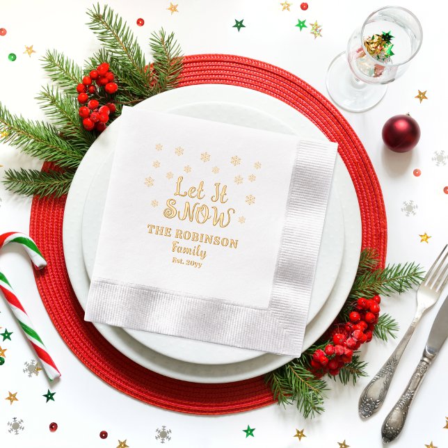 Lassen Sie es Schneeflocken Weihnachts-Familiennam Servietten Mit Folie ("Let It Snow" Snowflakes Christmas Family Name and Date Established Stamped Foil Napkins)