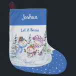 Lassen Sie es schneien glücklich Snowman Familie B Großer Weihnachtsstrumpf<br><div class="desc">Personalisierter Weihnachts-Strumpf mit Let it Snow Snowman-Szene auf blauem und schneeweißem Hintergrund. Dieses niedliche Aquarell-Design besticht durch eine glückliche Familie von Schneemännern und Weihnachtsbäumen.</div>