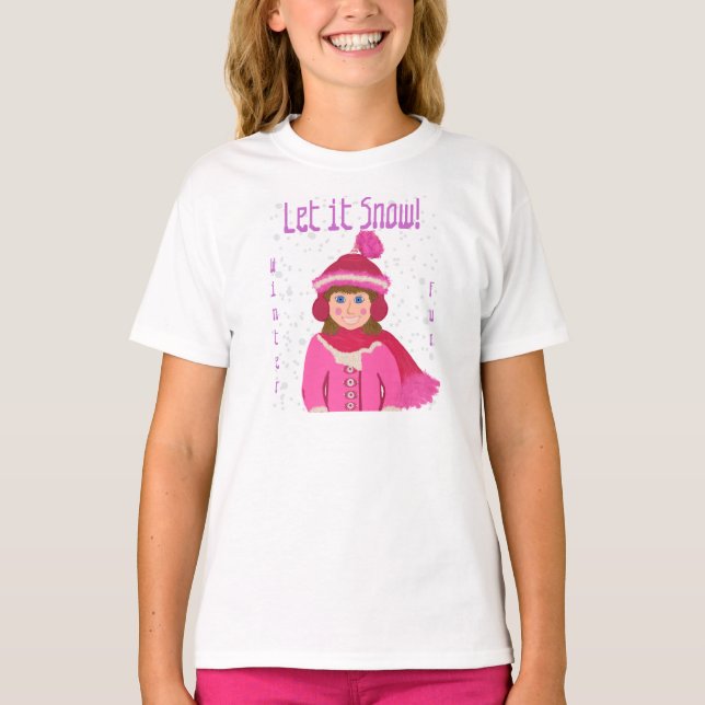 Lassen Sie es Winter Fun Girls Pink Hat Scarf T-Shirt (Vorderseite)