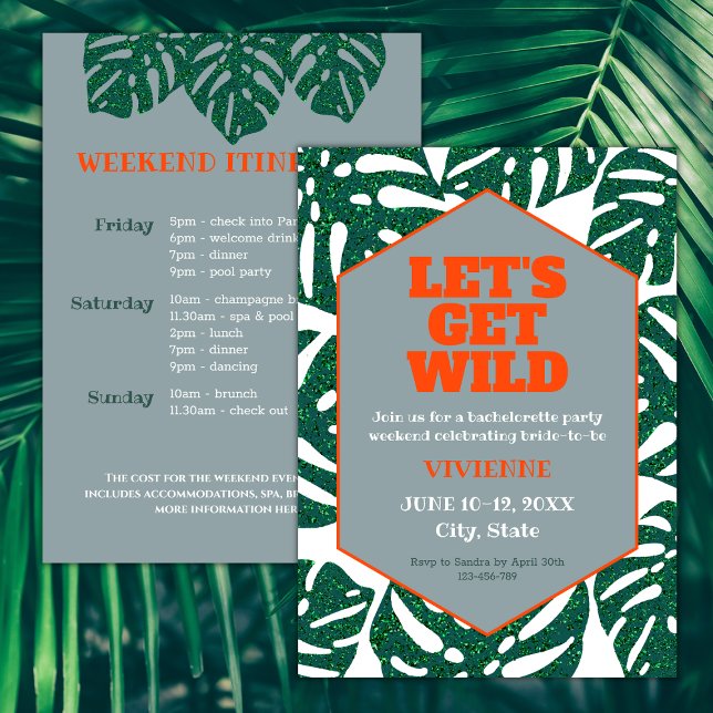 Lassen Sie uns das Wild Tropical Bachelorette Week Einladung (let's get wild tropocal bachelorette weekend itinerary invitation glitter monstera leaves orange)