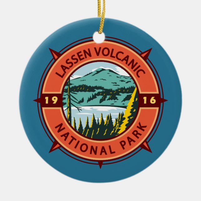 Lassen Volcanic National Park Retro Compass Emblem Keramik Ornament (Vorne)