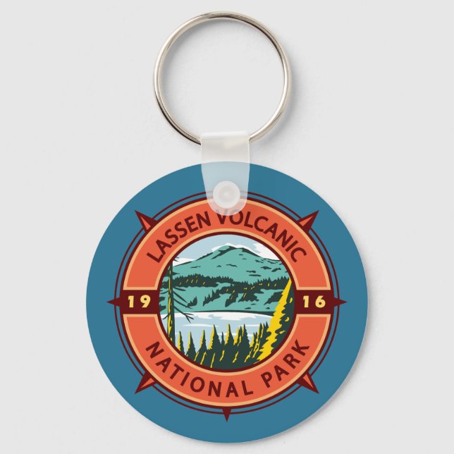 Lassen-Volcanic-Nationalpark Retro-Kompass-Emblem Schlüsselanhänger (Vorderseite)