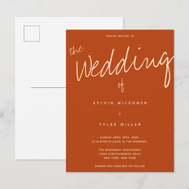 Lässig Burnt Orange Typografy Wedding Einladungspostkarte (Vorne/Hinten)