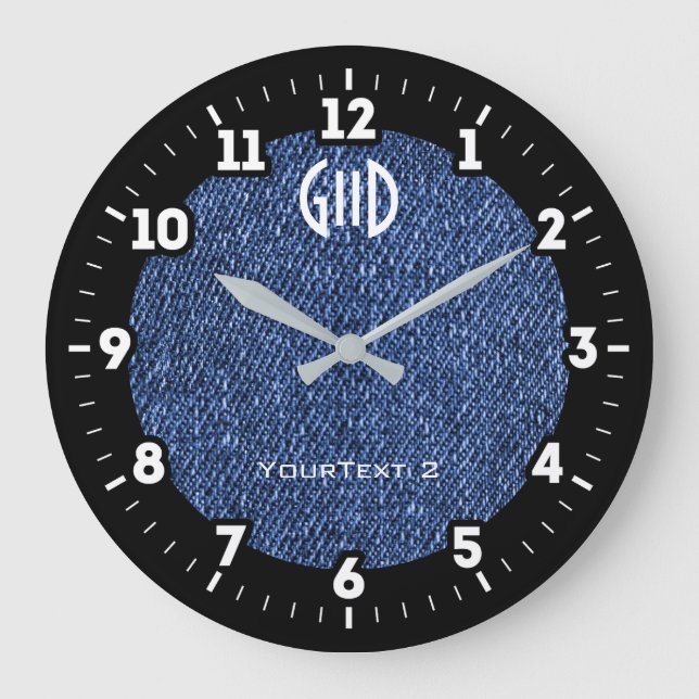 Lässig Denim Blue Jeans Stilvoll auf einem Große Wanduhr (Vorderseite)
