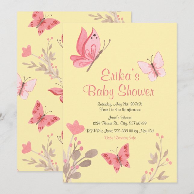 Lässig-gelb-rosa-bläserne Butterblume Kinderdusche Einladung (Vorne/Hinten)