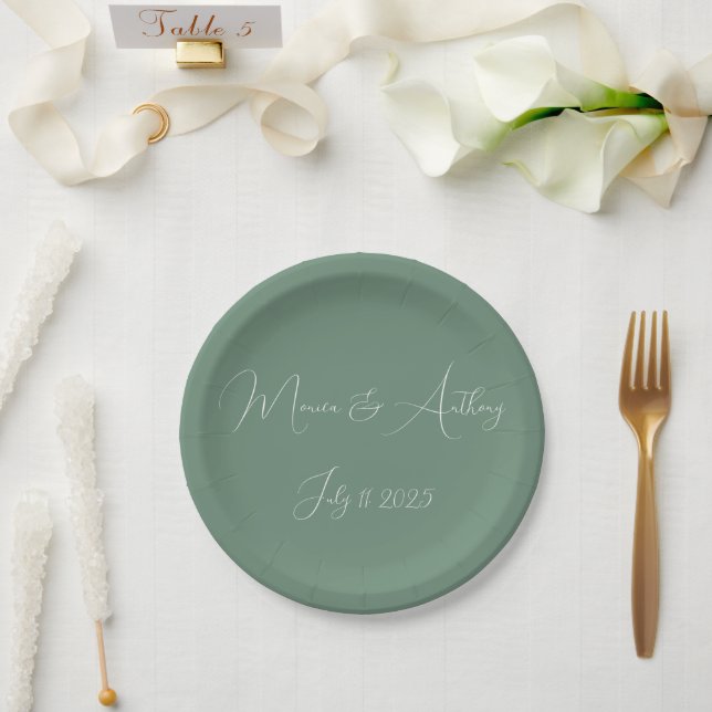 Lässig Sage Green Einfaches Skript Minimalistische Pappteller (Hochzeit)
