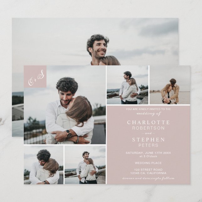 Lässige Blush-Initialen 6 Fotos Hochzeit Einladung (Vorne/Hinten)