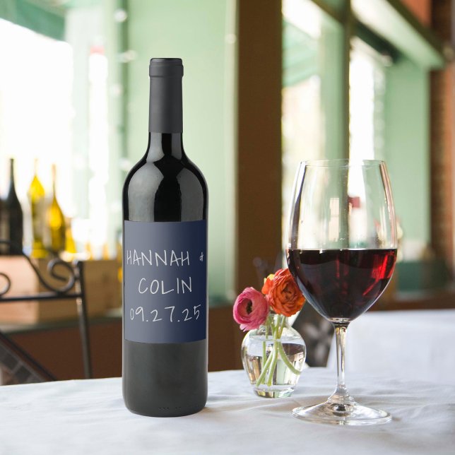 Lässige handgeschriebene Typografie, Silver & Navy Weinetikett (Von Creator hochgeladen)