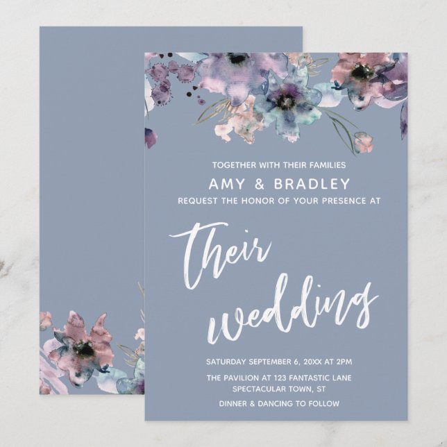 Lässige Handschrift floral Dusty Blue Wedding Einladung (Vorne/Hinten)
