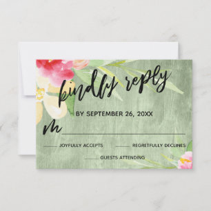 Lässige Handschrift Watercolor Blumen Grüner Holz RSVP Karte