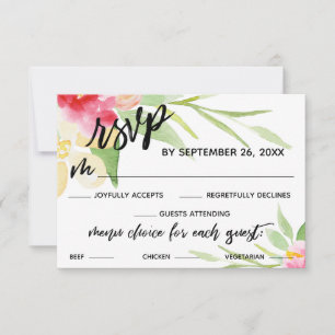 Lässige Handschrift Watercolor Blumen Menüauswahl RSVP Karte