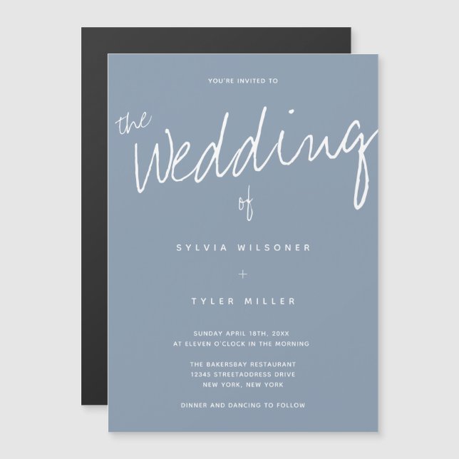Lässige Hochzeit der modernen, blauen Typografie Magneteinladung (Vorne/Hinten)