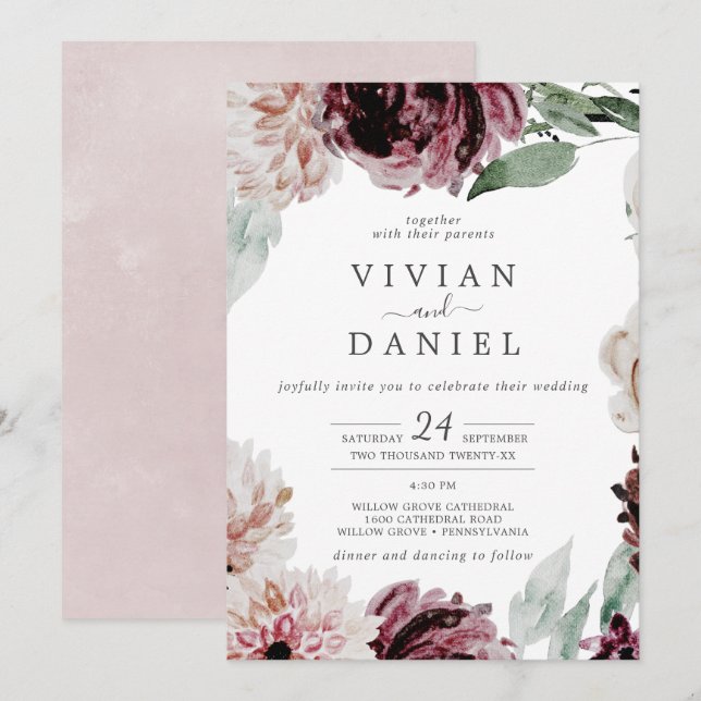 Lässige Hochzeit mit floraler Romance Einladung (Vorne/Hinten)