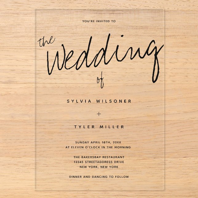 Lässige Hochzeit moderner Typografie Acryleinladungen (Vorderseite)