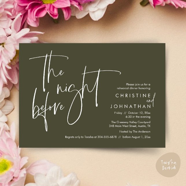 Lässige Hochzeit Probe Dinner, The Night Before Einladung (The night before, Casual Modern Wedding Rehearsal Dinner Invitation Card PDF Olive Green)