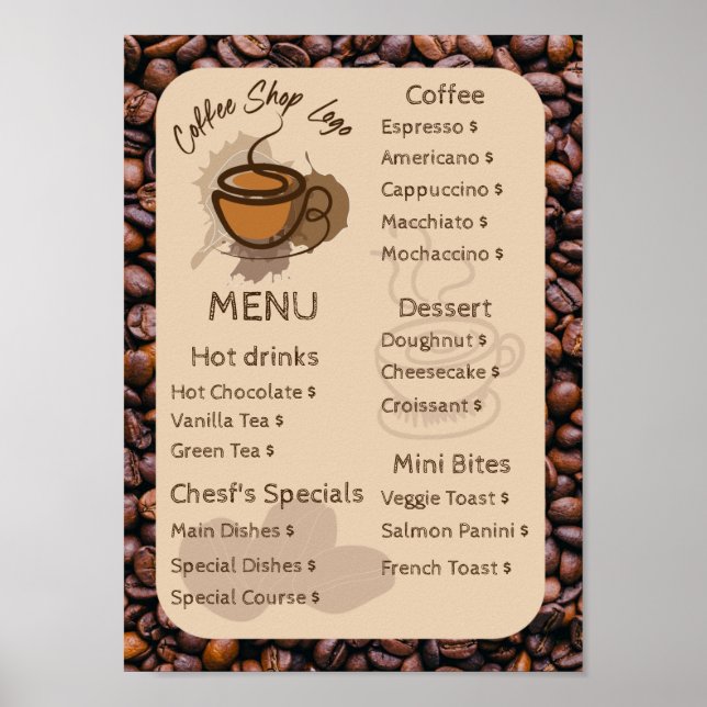 Lässige Kaffeebohnen hinzufügen Menü Kaffeeshop Poster (Vorne)
