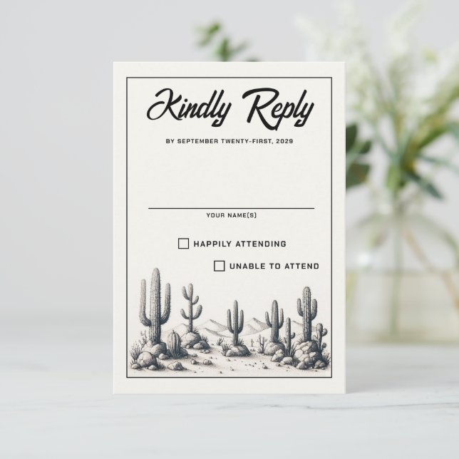 Lässige Kaktus Hochzeit RSVP Karte (Stehend Vorderseite)