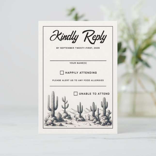 Lässige Kaktus Hochzeit RSVP Karte (Stehend Vorderseite)