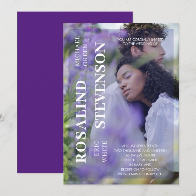 Lässige Minimalistische Violet Foto Hochzeit Einladung (Vorne/Hinten)