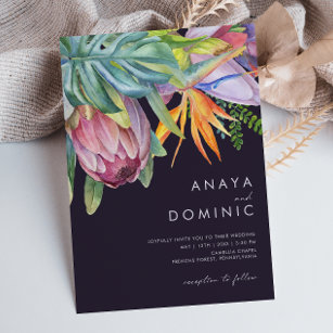 Lässige tropische Flora   Lila Hochzeit Einladung