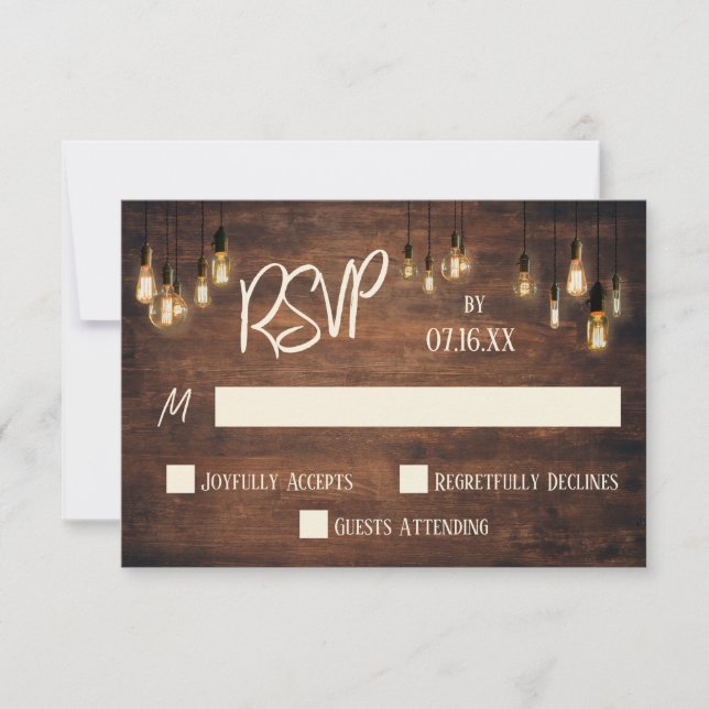 Lässige Typografie, Rich Brown Wood, Edison Lights RSVP Karte (Vorderseite)