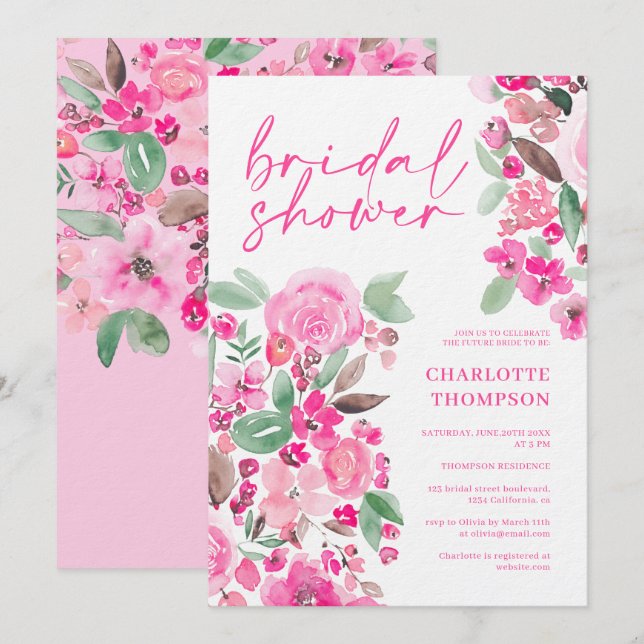 Lässiges Brautparty mit rosa Blumenschrift Einladung (Vorne/Hinten)