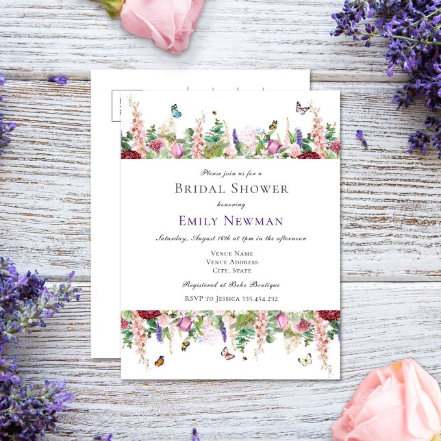 Lässiges Florals & Butterfys Brautparty Einladungspostkarte (Von Creator hochgeladen)