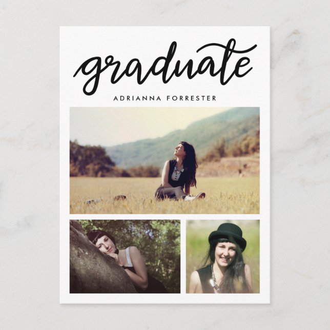 Lässiges Graduiertenskript Drei Foto Einladungspostkarte (Vorderseite)