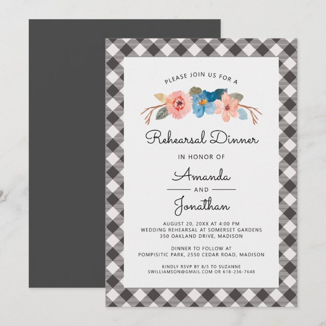 Lässiges Hochzeitsessen mit floraler Probe Einladung (Vorne/Hinten)