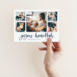 Lässiges Skript Multi Foto Grid | Joyous Hanukkah Feiertagskarte<br><div class="desc">Diese schlichte,  klassische,  blau-weiße Familienurlaubsgrüßkarte ist mit einer modernen,  lässigen Schriftzeichen-Typografie ausgestattet,  die "Joyous Hanukkah" sagt,  mit einem Multi-Foto-Gitter von fünf Fotos vorne und einem weiteren auf der Rückseite.</div>