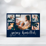 Lässiges Skript Multi Foto Grid | Joyous Hanukkah Folien Feiertagskarte<br><div class="desc">Diese einfache,  klassische Silber-Folie Familienjubiläum-Grußkarte mit moderner,  lässiger Schrift-Typografie,  die "Joyous Hanukkah" auf dunkelmarineblau Hintergrund sagt,  mit einem Multi-Foto-Gitter von fünf Fotos vorne und einem weiteren auf der Rückseite.</div>