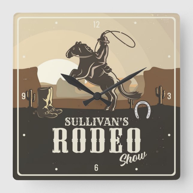 Lasso Roping Roundup ADD NAME Western Rodeo Show Quadratische Wanduhr (Vorderseite)