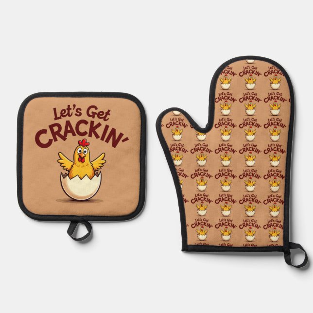 Lass's Get Crackin's Funny Chicken Farm Pun Ofenhandschuh & Topflappen-Set (Vorderseite)