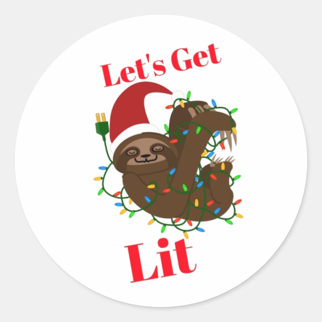 Lass's Get Lit Christmas Sloth Runder Aufkleber (Vorderseite)