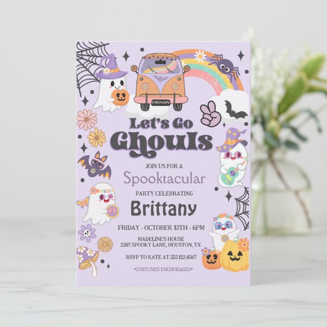 Lass''s Go Ghouls Hippie Halloween-Party Einladung (Stehend Vorderseite)