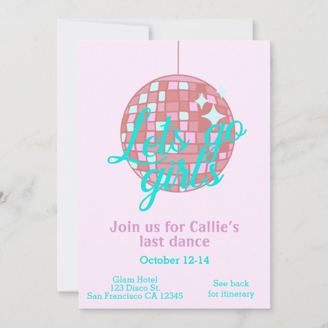 Lass's go girls Last Disco Bachelorette Einladung (Vorderseite)