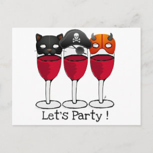 LASS'S PARTY HALLOWEEN COSTUME MASKS WEINGLASSEN EINLADUNGSPOSTKARTE