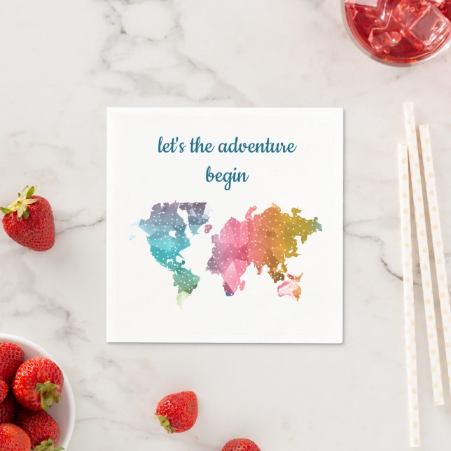 "Lass's the Adventure Begin" Farbenfrohe Weltkarte Serviette (Beispiel)