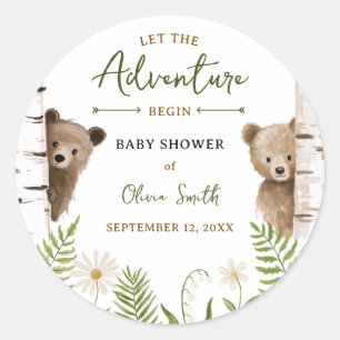 Lasst das Abenteuer beginnen Wald Bär Baby Shower Runder Aufkleber