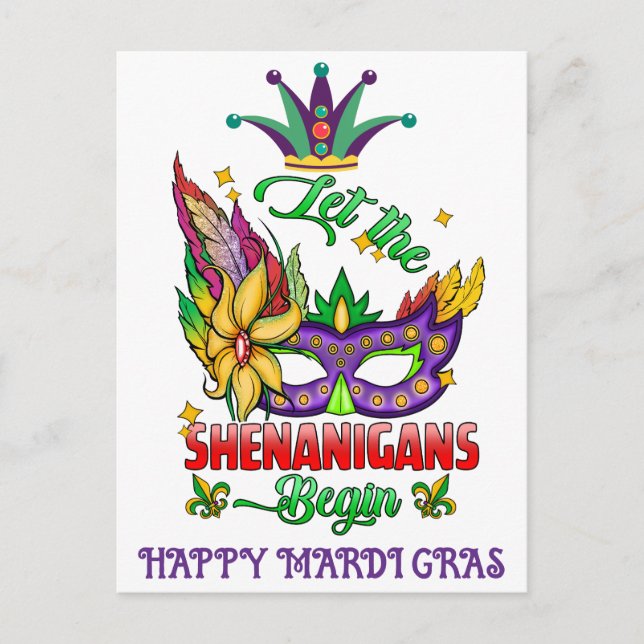 Lasst die Schabernacke beginnen Mardi Gras Postkar Postkarte (Vorderseite)