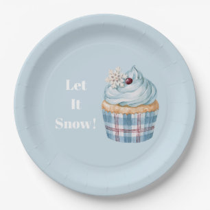 Lasst es schneien Blaue Cupcake-Schneeflocke Weihn Pappteller